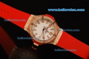 Hublot Big Bang King Swiss Quartz Movement Diamond Case and Bezel with White Dial and Red Rubber Strap