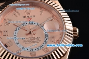 Rolex Sky-Dweller Asia 2813 Automatic Rose Gold Case with Black Leather Strap and Pink Dial Numberal Markers