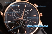 IWC Portuguese Chrono Japanese Miyota OS10 Quartz Rose Gold Case with Black Leather Strap and Black Dial Stick Markers