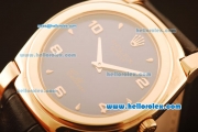 Rolex Cellini Swiss Quartz Rose Gold Case with Dark Blue Dial and Black Leather Strap-Numeral Markers