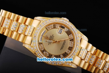 Rolex Day-Date Automatic With Golden Dial-Diamond Bezel and Roman Marking