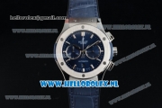 Hublot Classic Fusion Chronograph Swiss Valjoux 7750 Automatic Steel Case with Navy Blue Dial Stick Markers and Black Genuine Leather Strap