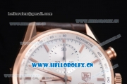 Tag Heuer Carrera Calibre 1887 Swiss Valjoux 7750 Automatic Rose Gold Case with Silver Dial and Stick Markers Brown Leather Strap (V6)