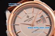 Patek Philippe Calatrava Swiss ETA 2824 Automatic Steel Case Rose Gold Bezel with Brown Leather Strap White Dial Stick Markers