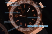 Hublot Big Bang Swiss Quartz Rose Gold Case with Stick/Numeral Markers Diamond Bezel and Black Rubber Strap