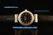 Omega Ladymatic Swiss ETA Quartz Steel Case with Diamond Bezel and Black Leather Strap