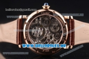 Cartier Ronde De MoonPhase Swiss Tourbillon Manual Winding Rose Gold Case with Skeleton Dial and Brown Leather Strap