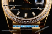 Rolex Day-Date Swiss ETA 2836 Automatic Yellow Gold Case/Bracelet with Black Dial and Stick Markers Diamonds Bezel (BP)