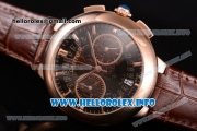 Cartier Rotonde De Chrono Miyota Quartz Rose Gold Case with Black Skeleton Dial and Brown Leather Strap - Stick Markers