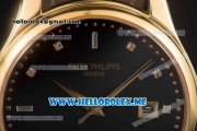 Patek Philippe Calatrava Miyota Quartz Yellow Gold Case with Black Dial and Black Leather Strap Diamonds Markers