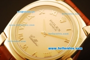 Rolex Cellini Swiss Quartz Yellow Gold Case with Gold Dial and Brown Leather Strap-Roman Markers
