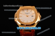 Patek Philippe Nautilus Asia Automatic Yellow Gold Case with White Dial Brown Leather Strap and Stick Markers