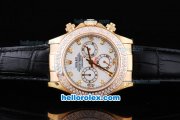 Rolex Daytona Oyster Perpetual Chronometer Automatic Gold Case with Diamond Bezel,White Dail and Diamond Marking-Black Leather Strap Rolex Daytona Oyster Perpetual Chronometer Automatic Gold Case with Diamond Bezel,White Dail and Diamond Marking-Black Leather Strap