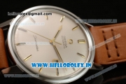 Omega Seamaster Citizen Automatic Movement Steel Case White Dial With Stick Markers Brown Leather Strap