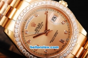 Rolex Day Date II Automatic Movement Full Rose Gold with Diamond Bezel-Diamond Markers and Rose Gold Dial