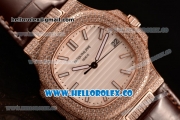 Patek Philippe Nautilus Miyota 9015 Automatic Rose Gold Case with White Dial and Brown Leather Strap