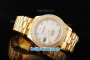 Rolex Day-Date II Automatic Movement Full Gold with Double Row Diamond Bezel-White MOP Dial and Diamond Markers