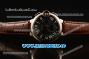 Cartier Ballon Bleu De Chrono Swiss Valjoux 7750 Automatic Steel Case with Black Dial Roman Numeral Markers and Genuine Leather Strap