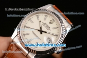 Rolex Datejust Swiss ETA 2836 Automatic Steel Case with White Dial and Brown Leather Strap