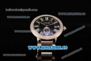 Cartier Rotonde De Miyota Quartz Steel Case/Bracelet with Black Dial Diamonds Bezel and Black Roman Numeral Markers