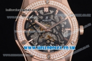 Hublot Classic Fusion Skeleton Asia Automatic Rose Gold Case with Skeleton Dial Diamonds Bezel and Black Leather Strap