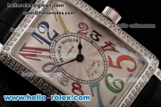 Franck Muller Long Island Color Dreams Swiss Quartz Steel Case Diamond Bezel with Black Leather Strap and White Dial