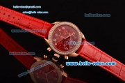 Omega Speedmaster Chrono Swiss Quartz Rose Gold Case Diamond Bezel with Red Leather Strap and Red Dial Numeral Markers