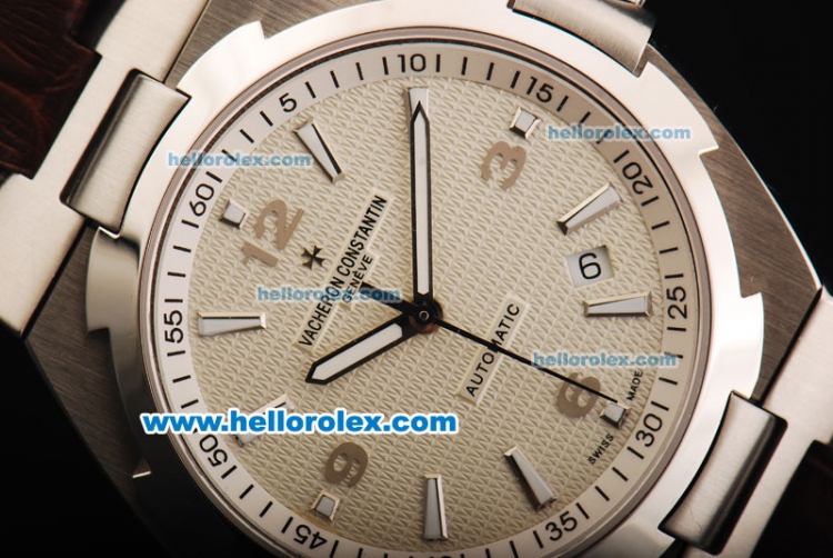 Vacheron Constantin Overseas Swiss ETA 2824 Automatic Movement Cream Dial with Stick Markers and Brown Leather Strap - Click Image to Close