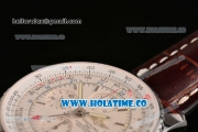 Breitling Navitimer World Chrono Swiss Valjoux 7750 Automatic Steel Case with Brown Leather Strap Stick Markers and White Dial