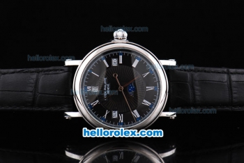 Patek Philippe Calatrava Automatic Movement Silver Case with Black Dial-White Roman Markers and Black Leather Strap