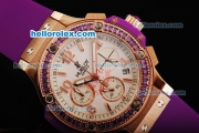 Hublot Big Bang Chronograph Quartz Movement White Dial with Purple Diamond and Purple Rubber Strap-Lady Size