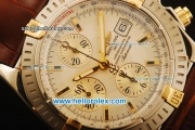 Breitling Chronomat Evolution Swiss Valjoux 7750 automatic Two Tone Case with White Dial and Brown Leather Strap