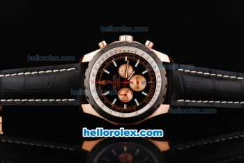 Breitling Chrono-Matic Chronograph Quartz Movement PVD Bezel with Black Dial and RG Case/Subdials-Black Leather Strap