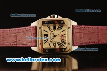 Cartier Santos 100 Automatic ETA Coating Case with White Dial and Plum Leather Strap