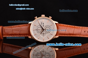 IWC Portuguese Chrono Japanese Miyota OS10 Quartz Rose Gold Case with Brown Leather Strap and White Dial Stick Markers