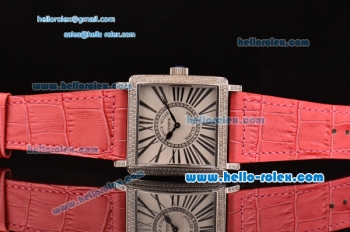 Franck Muller Master Square Swiss Quartz Steel Case Diamond Bezel with Pink Leather Strap and White Dial