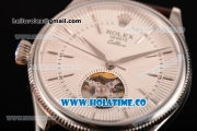 Rolex Cellini Tourbillon Swiss ETA 2824 Automatic Steel Case with Silver Stick Markers Brown Leather Strap and White Dial