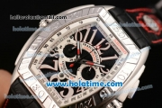 Franck Muller Conquistador Grand Prix Miyota OS20 Quartz Steel Case with Black Dial White Markers and Black Leather Bracelet