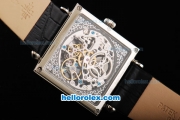 Patek Philippe Quadrate Skeleton Manual Winding Movement with White Bezel and Black Leather Strap