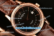 Patek Philippe Calatrava Swiss ETA 2824 Automatic Rose Gold Case with Black Dial Diamonds Bezel and Stick Markers