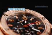 Hublot Big Bang Chronograph Swiss Quartz Rose Gold Case with Diamond Bezel and Black Rubber Strap-Lady Size