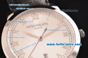 Patek Philippe Calatrava Swiss ETA 2824 Automatic Stainless Steel Case with Black Leather Strap and White Dial Roman Markers