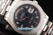 Rolex Day Date II Automatic Movement Full Steel with Double Row Diamond Bezel-Diamond Markers and Black MOP Dial