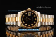 Rolex Day Date Rolex 3156 Automatic Movement Gold Bezel with Black Dial and Diamond Markers - Two Tone Strap