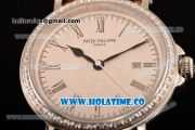 Patek Philippe Calatrava Miyota Quartz Steel Case with White Dial and Roman Numeral Markers - Diamonds Bezel