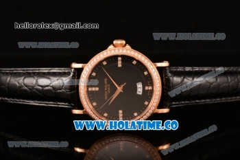 Patek Philippe Calatrava Miyota Quartz Rose Gold Case with Diamonds Bezel and Black Dial - Diamonds Markers