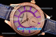 Jaeger-LeCoultre Lady Miyota Quartz Rose Gold Case with White MOP Dial Purple Stick Markers and Blue Leather Strap - Diamonds Bezel