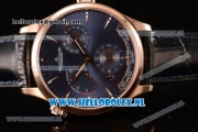 1:1 Jaeger-LECoultre Master Georgraphic Miyota 9015 Automatic Rose Gold Case with Blue Dial Stick Markers and Blue Genuine Leather