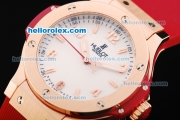 Hublot Big Bang Swiss Quartz Movement White Dial with Rose Gold Stick Markers/Numerals and Red Rubber Strap-Lady Size