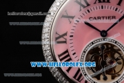 Cartier Ballon Bleu De Tourbillon Swiss Tourbillon Manual Winding Steel Case with Pink Dial Pink Leather Strap and Roman Numeral Markers